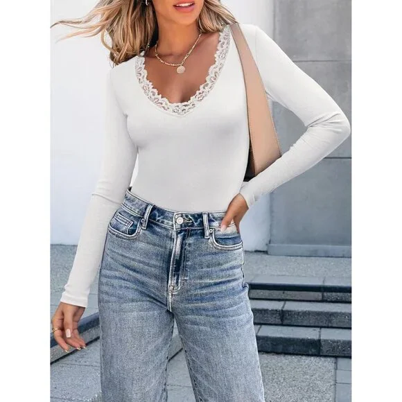 Long Sleeve Women Lace V Neck Ribbed Fitted Blouse Casual Work Top - Picture 3 of 9
